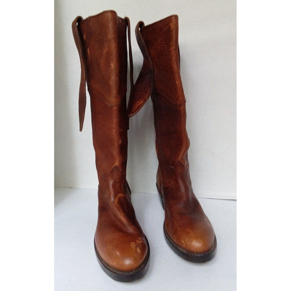 Vintage Brown Leather Tall Western Boots‎ Pull On Cognac Block Heel Scuffed